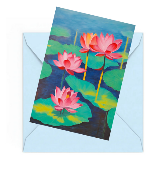 Pink lotus flowers and Green lily pads in water mini art print, sitting on to of a blue envelope.