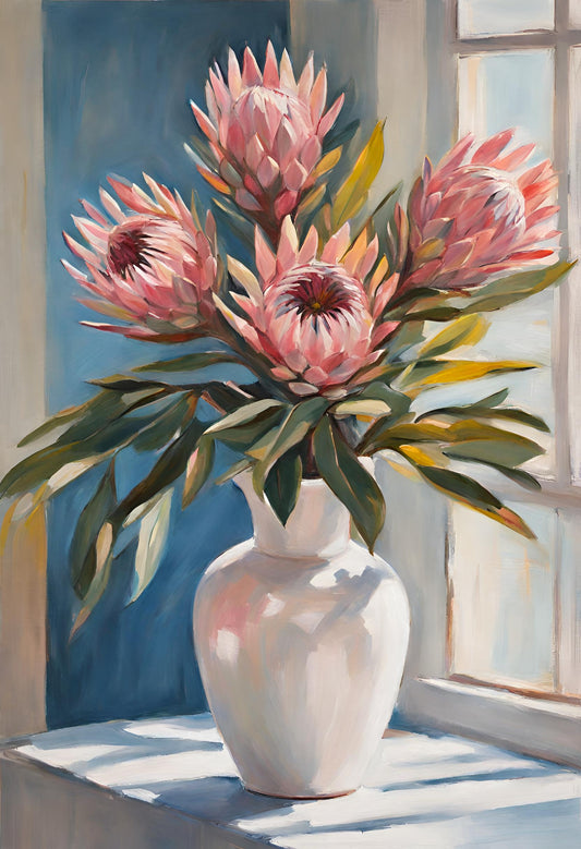 pink proteas flowers in white vase sitting on table near window art print
