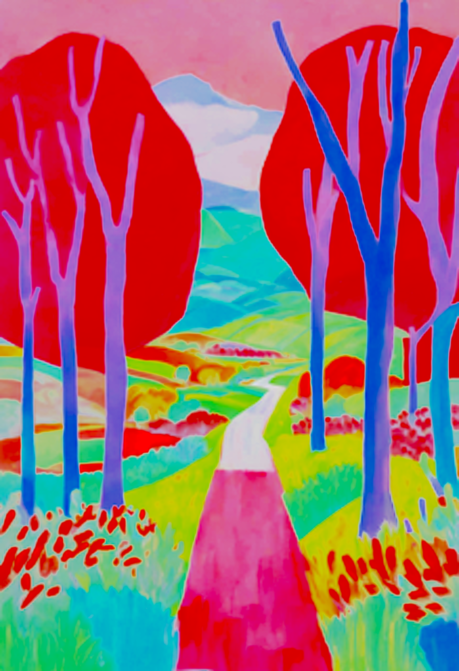 Pink_trees_colourful_landscape with pink trees and path_hockney_style art print