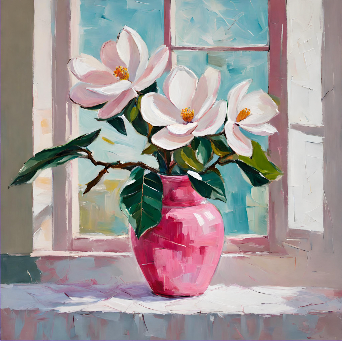 Pink And White Magnolia Flowers In Vase- Still life-Original Giclée Art Print.