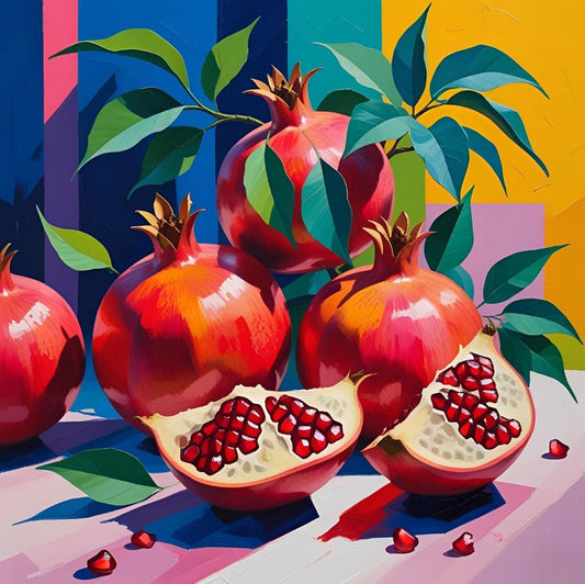 Colorful painting of pomegranates with a vibrant background