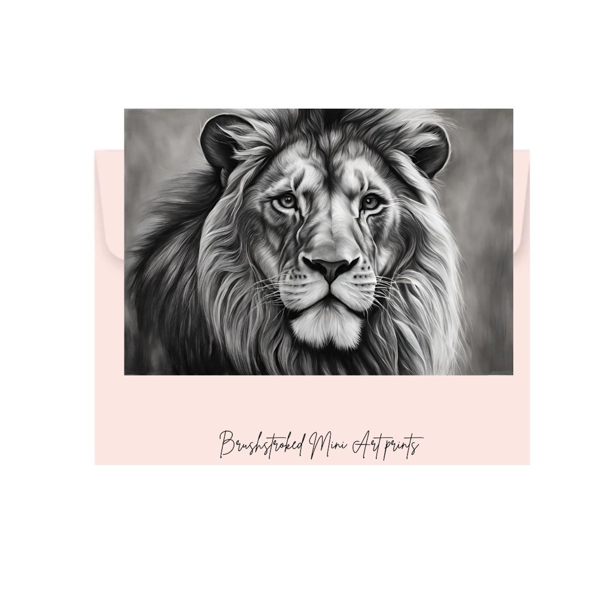 Black and white lion mini art illustration print on a pink card with 'Brushstroked Mini Art Prints' text.