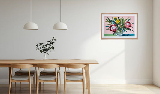 Dining room with a wooden table, chairs, and a floral painting on the wall.