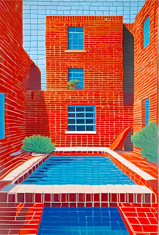 Artistic depiction of a red brick building with a pool and blue sky.