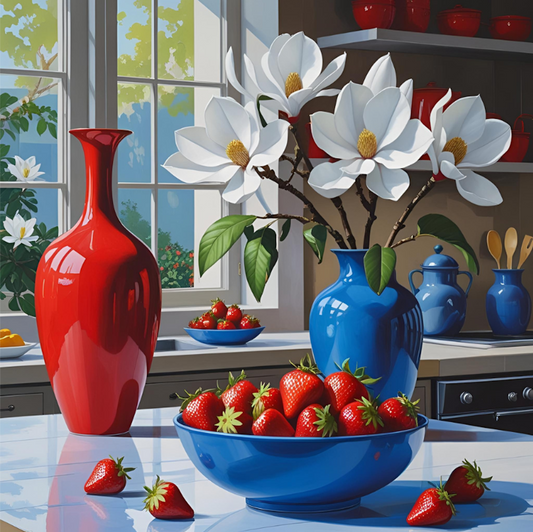 red and blue vases in kitchen scene with white Magnolia flowers and strawberries art print