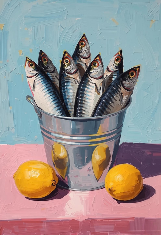 Metal bucket filled with fish and lemons on a pink surface with a blue background