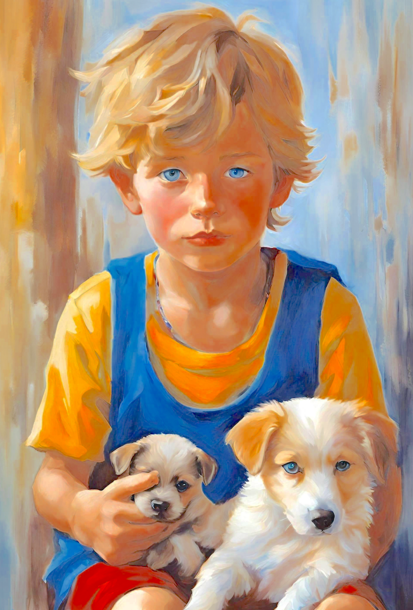 Boy With Puppies-Original Giclée Art Print.