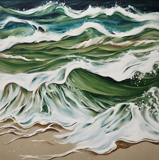 Seascape- Green And Blue Waves- White Foam- Sand-Original. Giclée Art Print.