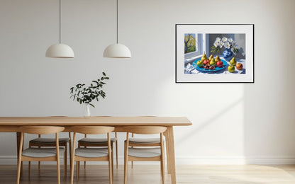 Dining room with a wooden table and chairs, framed artwork on the wall, and a vase with greenery.