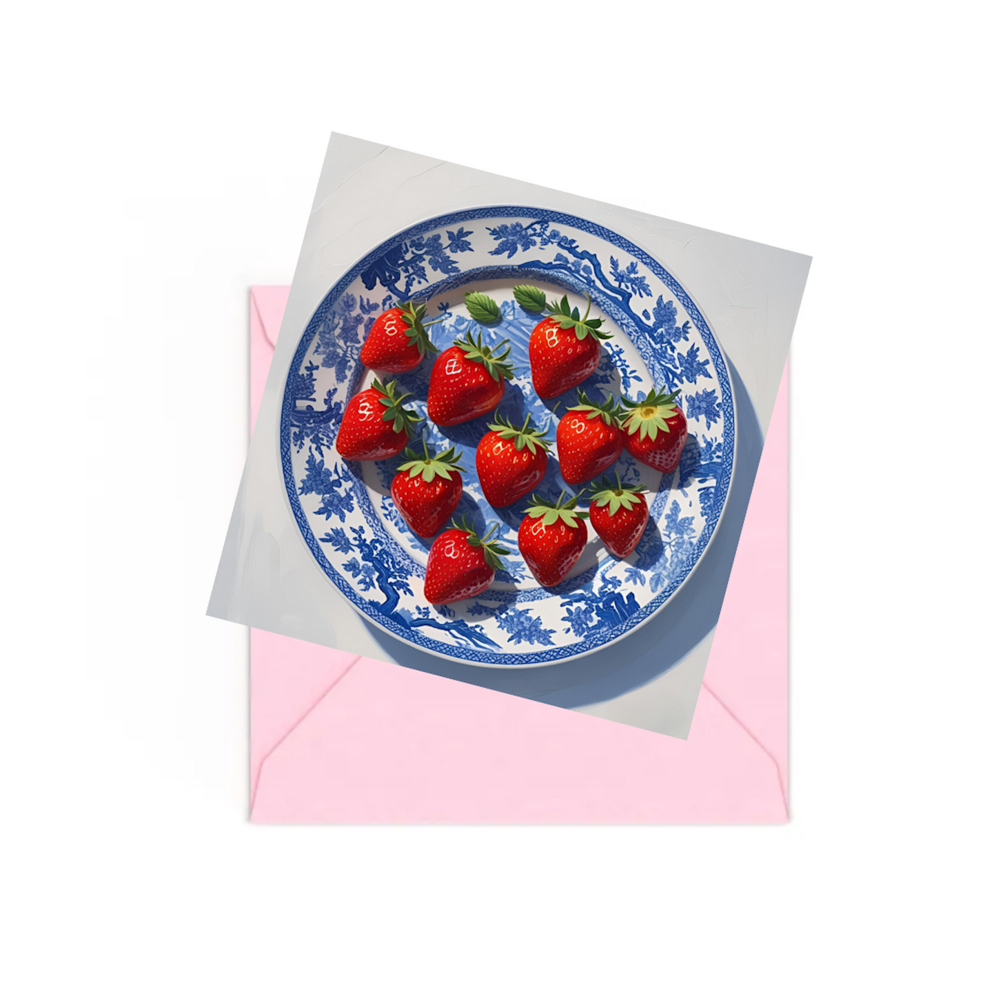 art print of a Blue and white  plate with strawberries ,on top of a pink envelope