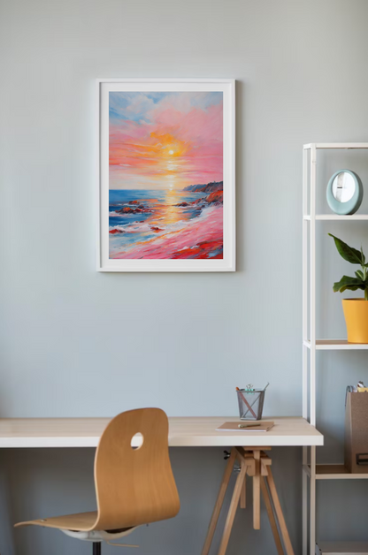 colourful sunset seascape art print framed in white frame and hung on the wall