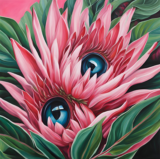 Artistic depiction of  pink flowers with blue eyes surrounded by green leaves.