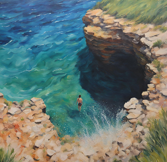 man swimming in water hole in  south australia art print