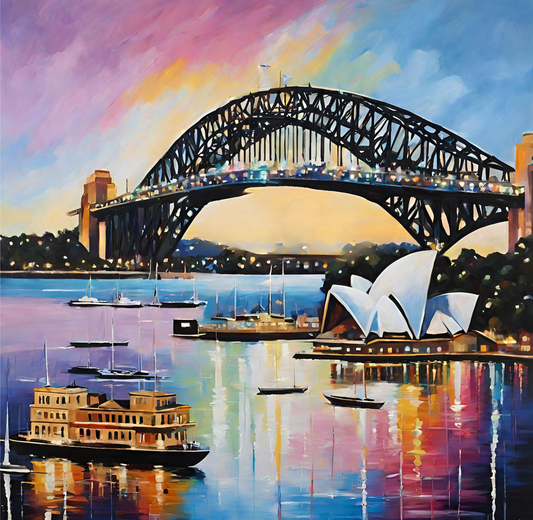 sydney harbour bridge and opera house colourful art print at dusk with lights art print.