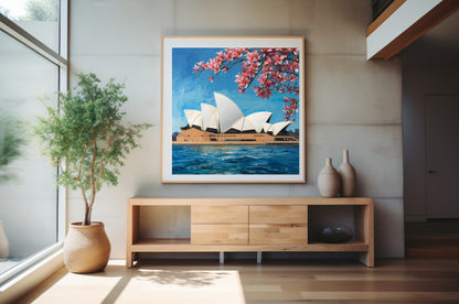 Sydney Opera House Giclée art print featuring jacaranda tree in full bloom and shimmering harbour, Australian wall art by Nilanji