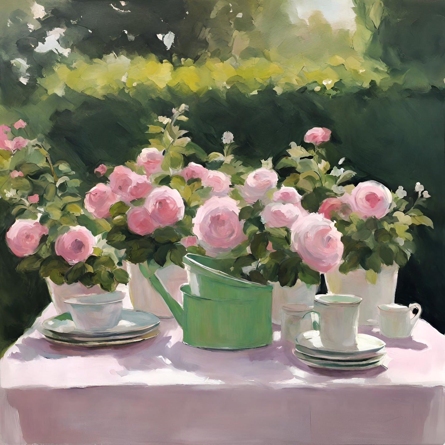 Painting of a table with pink roses, teacups, and a watering can in an outdoor setting.