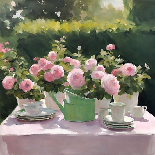 Painting of a table with pink roses, teacups, and a watering can in an outdoor setting.