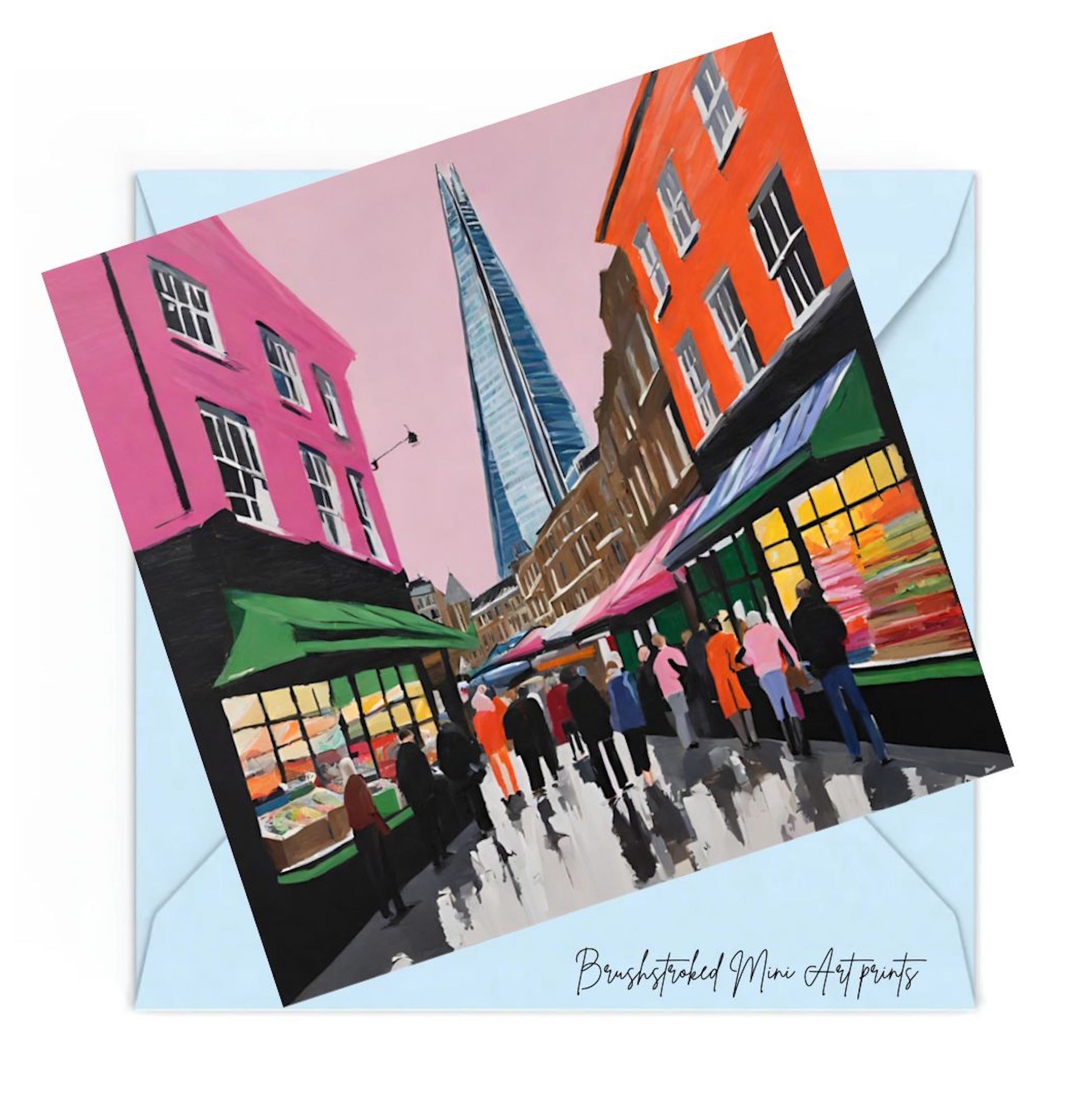 The Shard and Borough market london mini art print on blue envelope