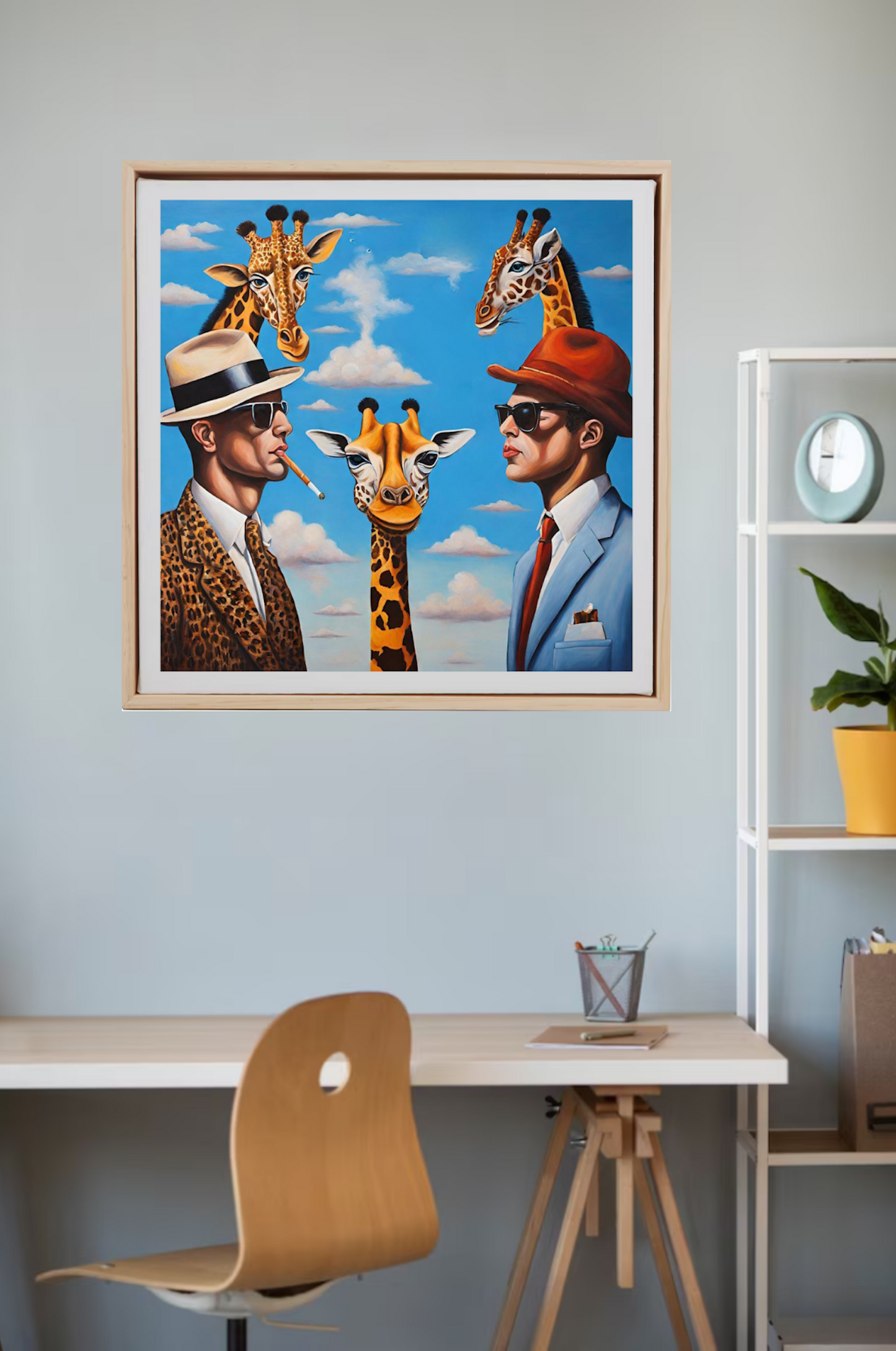 Two Men In Dark Glasses In suits With three Giraffes-Surrealism-Colourful-Art-Giclée Print.