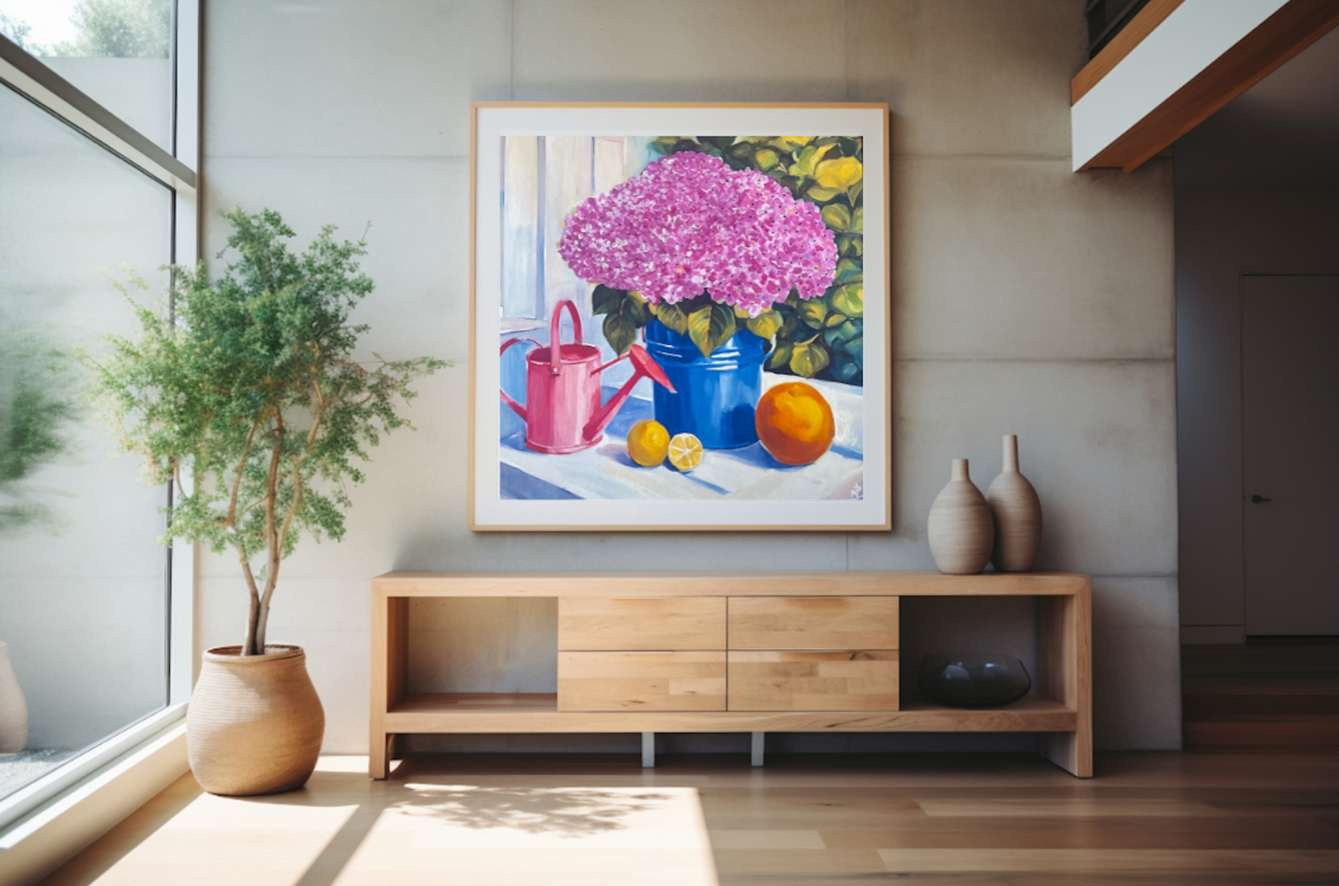 Pink hydrangeas original painting displayed in a modern living room above a timber sideboard
