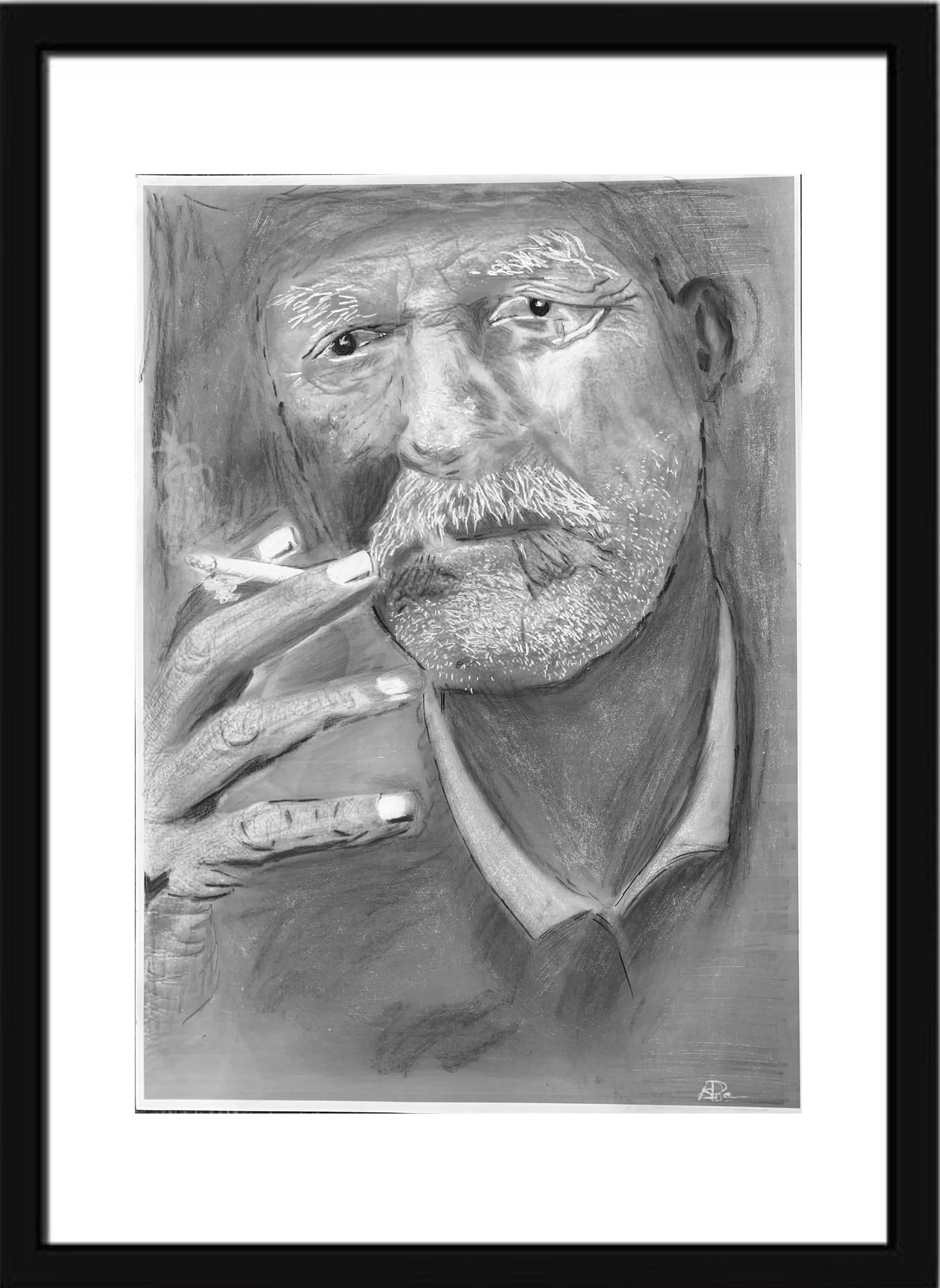 Charcoal And Lead Drawing Of Old Man Smoking A Cigarette- Original Art