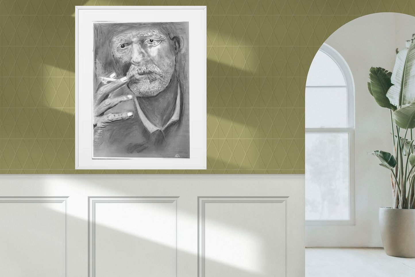 Charcoal And Lead Drawing Of Old Man Smoking A Cigarette- Original Art