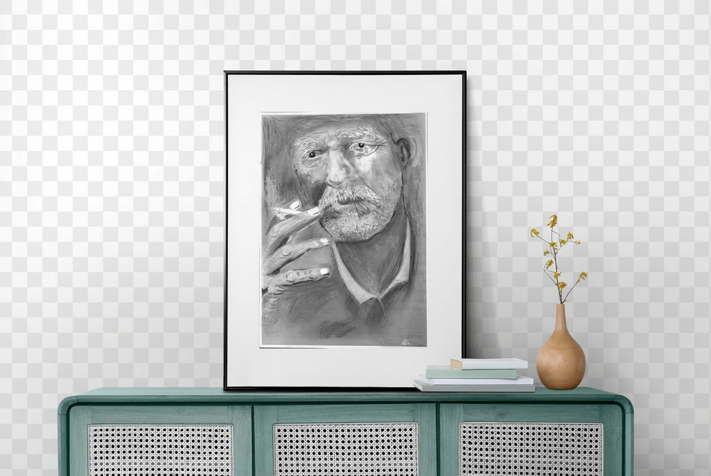 Charcoal And Lead Drawing Of Old Man Smoking A Cigarette- Original Art