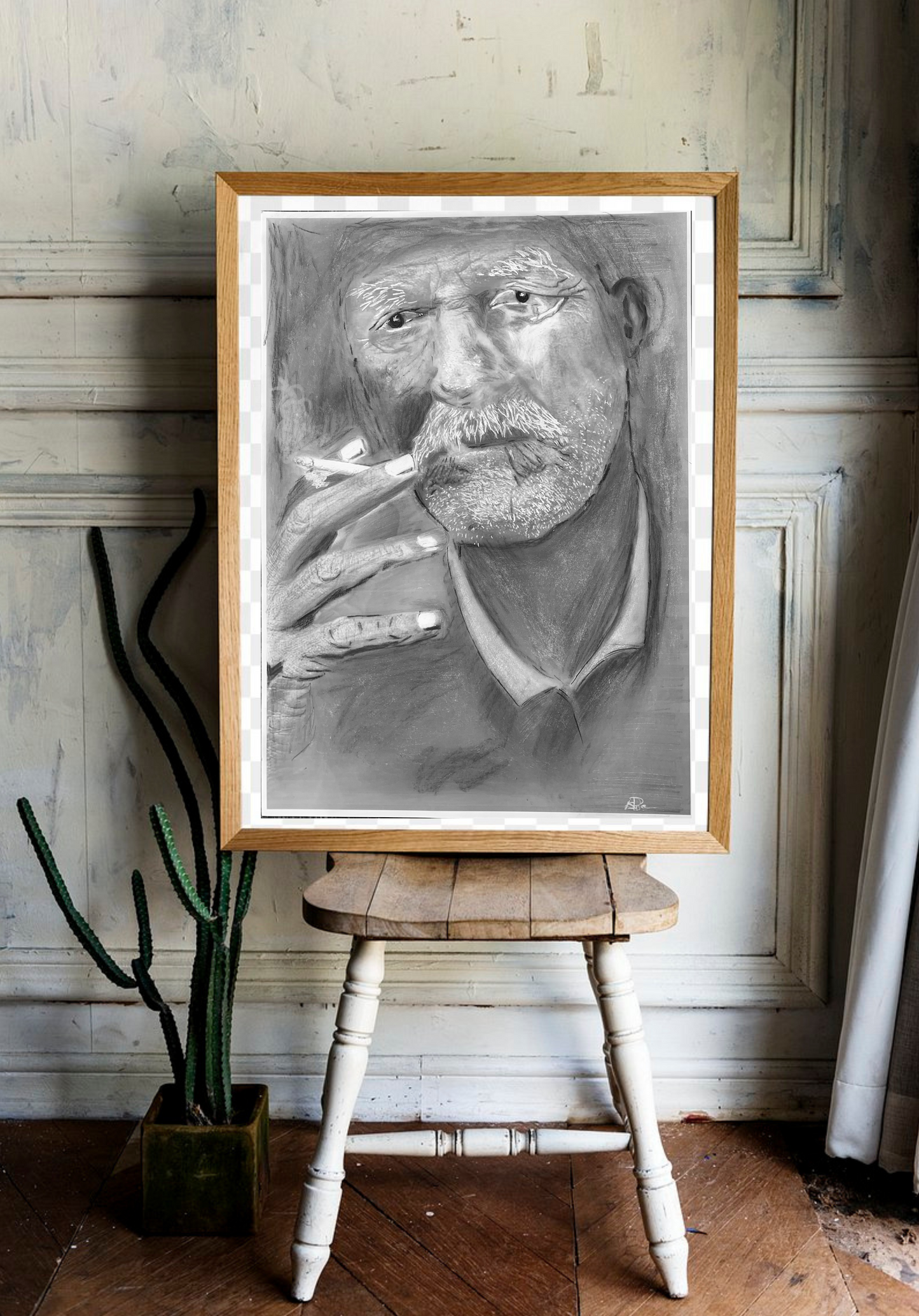 Charcoal And Lead Drawing Of Old Man Smoking A Cigarette- Original Art