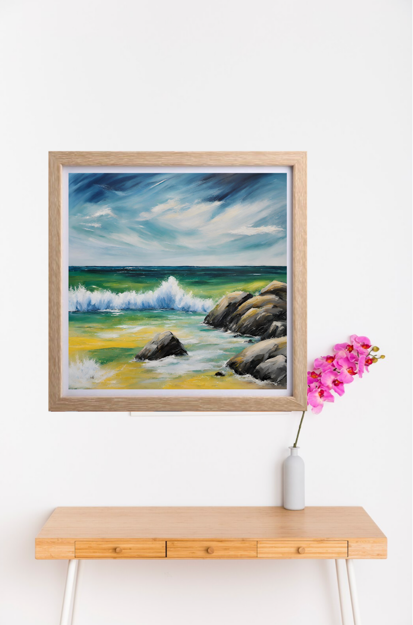 Beach Rocks And Waves Blue Skies - Seascape-Original Giclée Art Print.