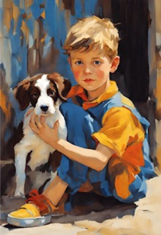 Boy With Puppy-Original Giclée  Art Print.