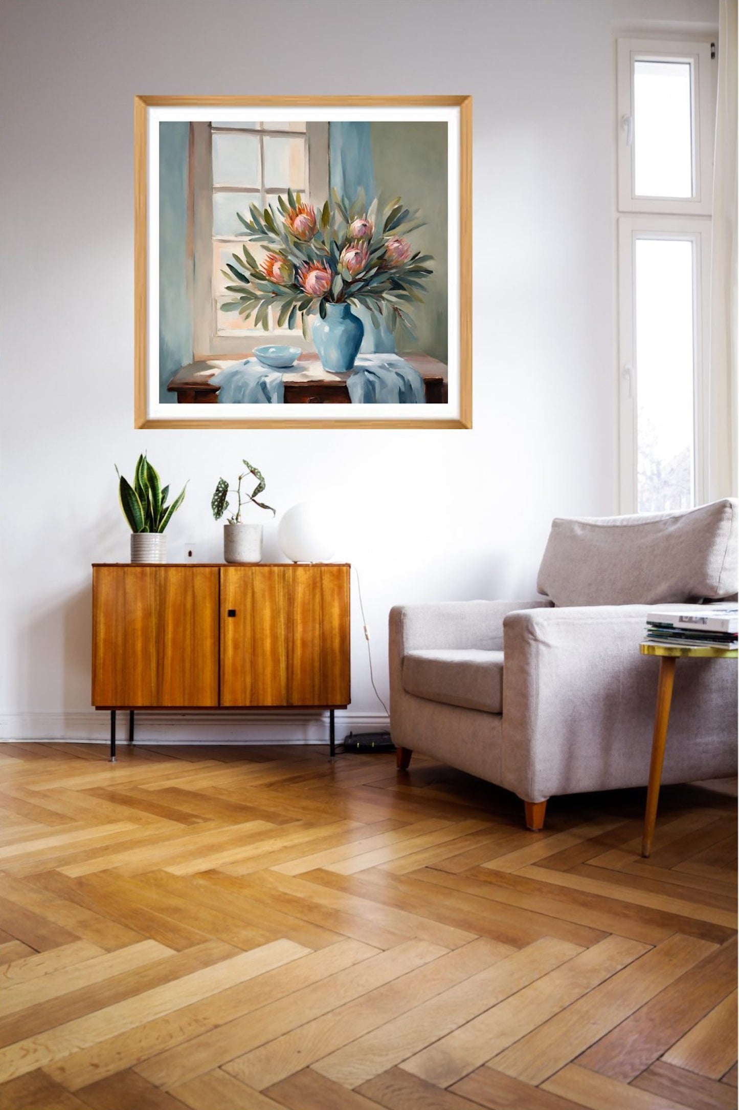 Pink Proteas In Light Blue Vase-Original-Floral Art-Still Life- Giclée Print.