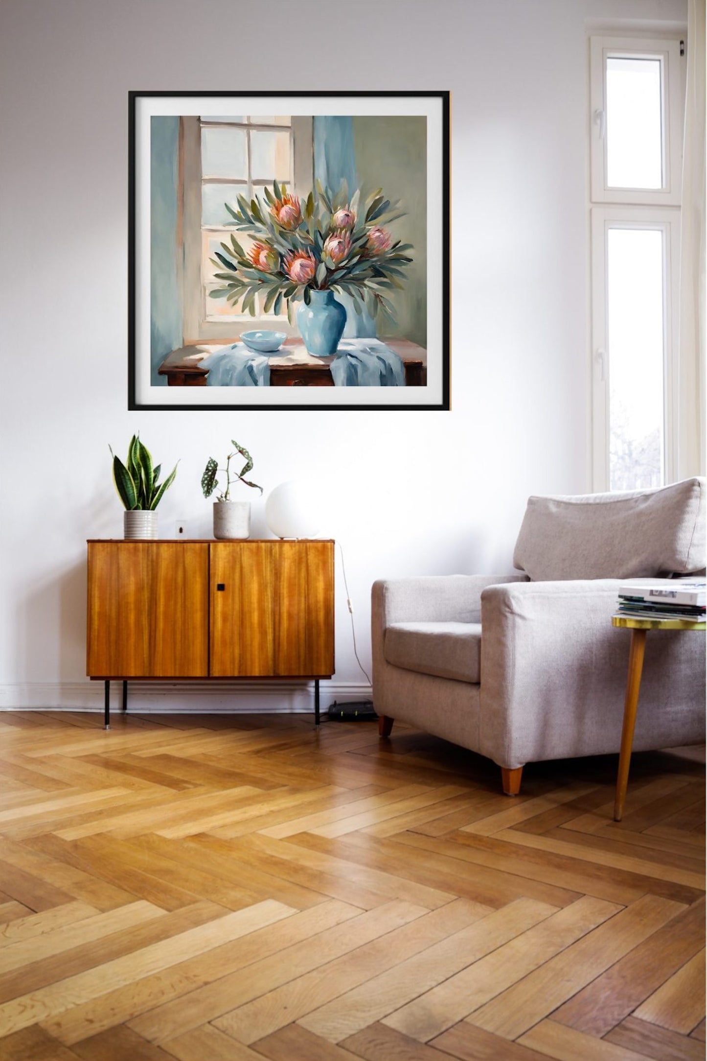 Pink Proteas In Light Blue Vase-Original-Floral Art-Still Life- Giclée Print.