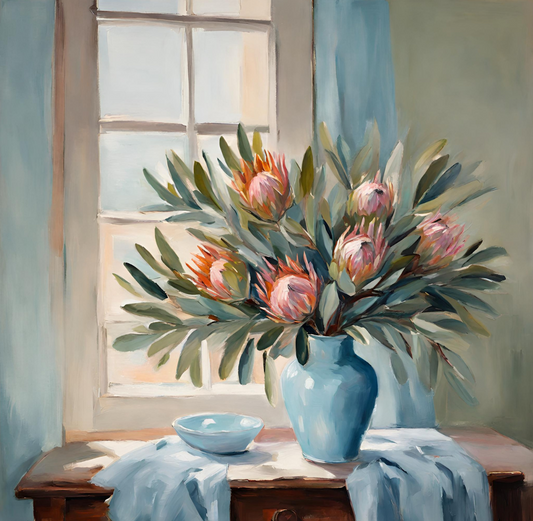 Pink Proteas In Light Blue Vase-Original-Floral Art-Still Life- Giclée Print.