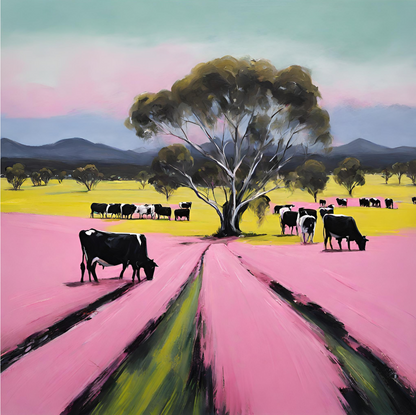 grampian mountain, victoria australia cows gum trees and canola fields and pink wild flowers art print.