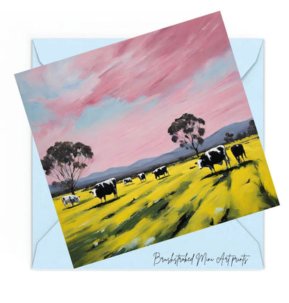 grampian mountains gum trees black and white cows in canola field mini art print
