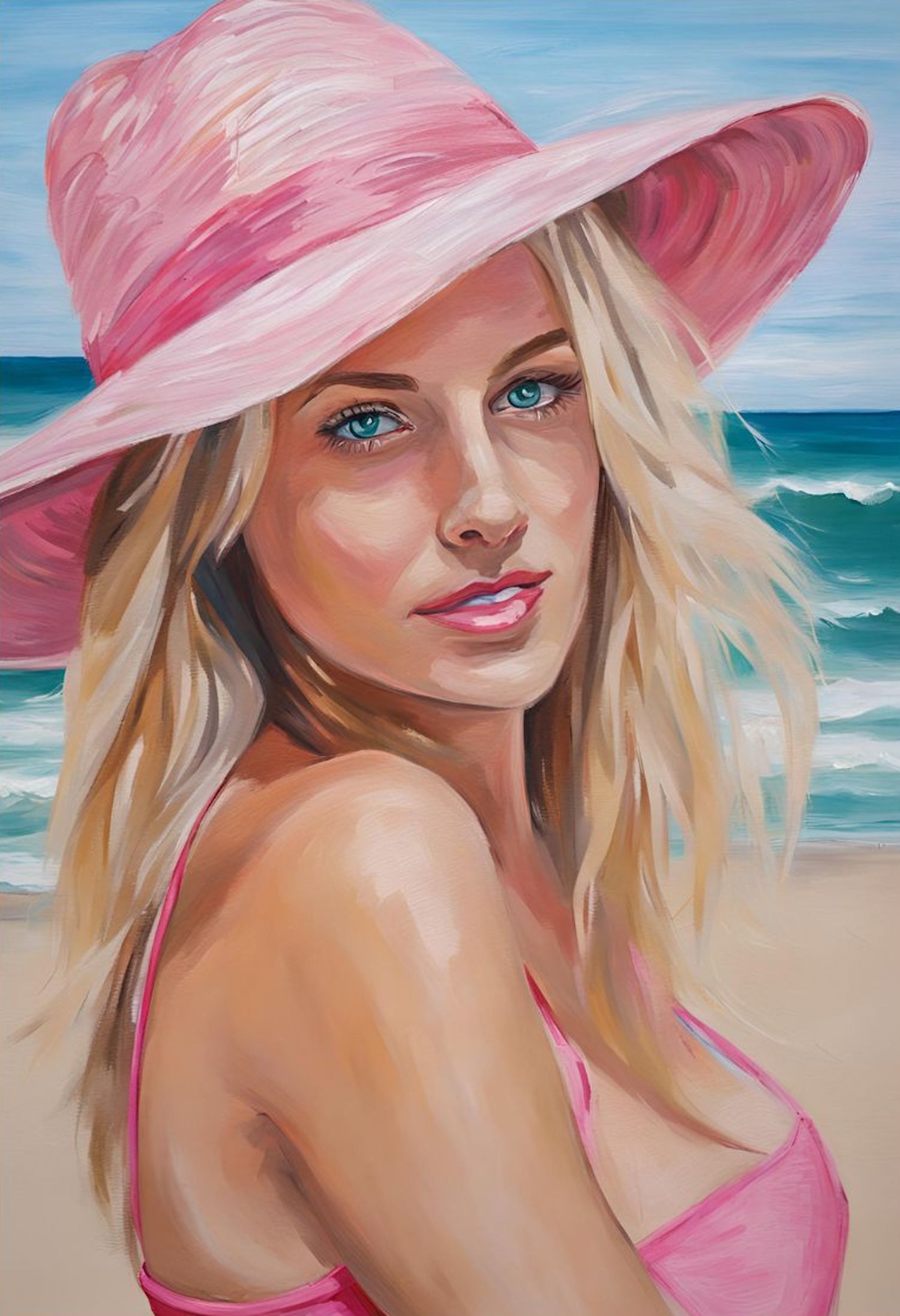 woman in pink hat at the beach art print