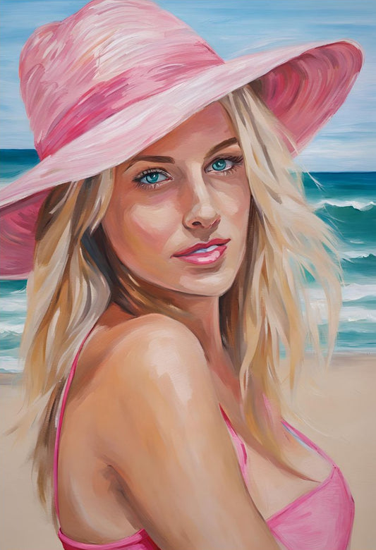 woman in pink hat at the beach art print