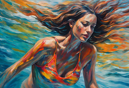 woman wearing bikini swimming in water with colourful reflections art print.