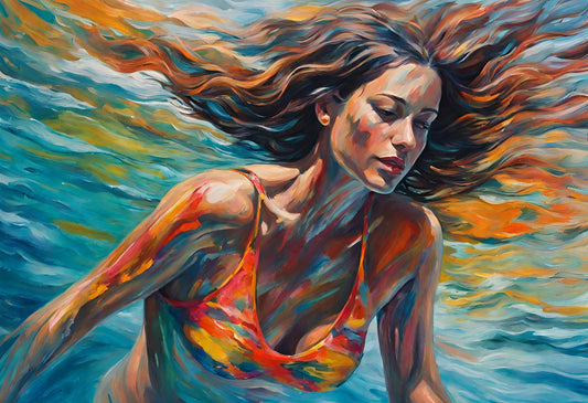 woman wearing bikini swimming in water with colourful reflections art print.
