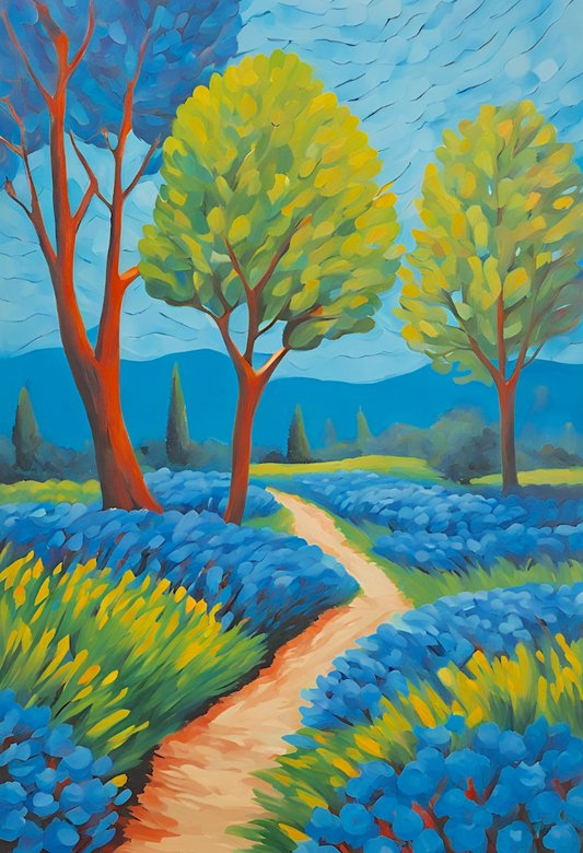 Colorful landscape painting with trees, a path, and blue flowers.