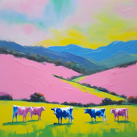 Colorful painting of cows in a field with pink hills and blue sky.