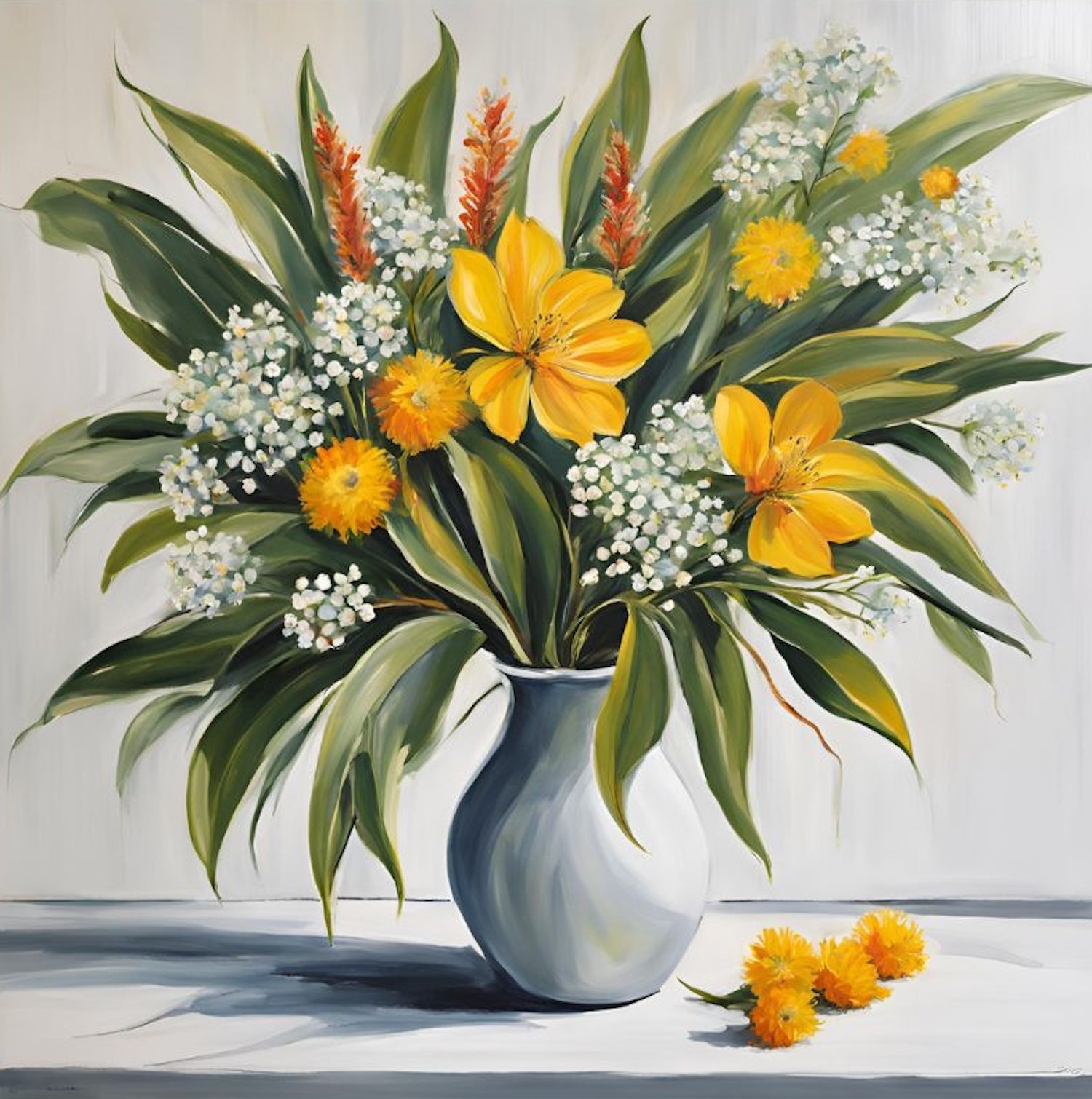Yellow and White flowers in white vase art print