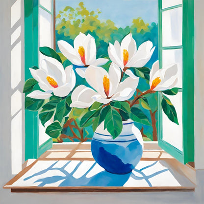 white magnolias in blue vase on window ledge with sunlight coming through, mini art print