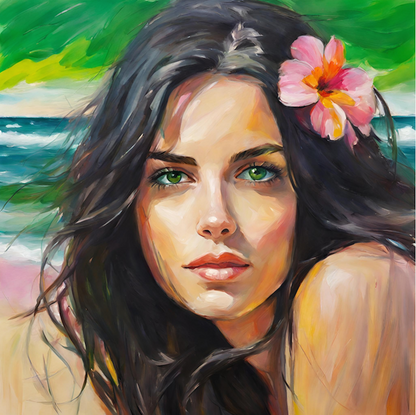 dark brown haired girl with Green eyes and a pink flower in her hair at the beach with waves art print