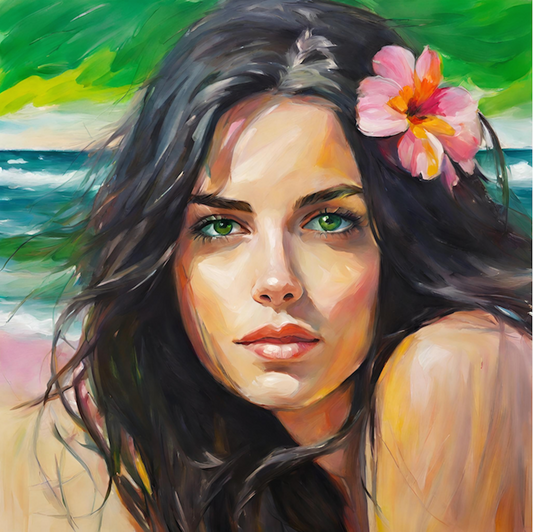 Portrait Of A Woman-Pink Flower-Beach-Original Art Giclée Print..