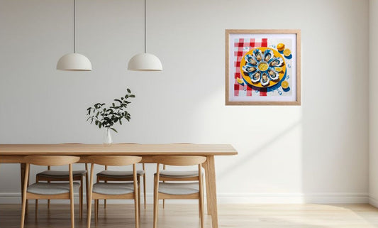 Still life wall art print with oysters and lemons on plate