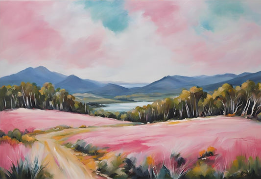 abstract colourful austrtalian landscape art print in pastel coloursvwith mountains path lake and flowers pinks greens blues and yellow