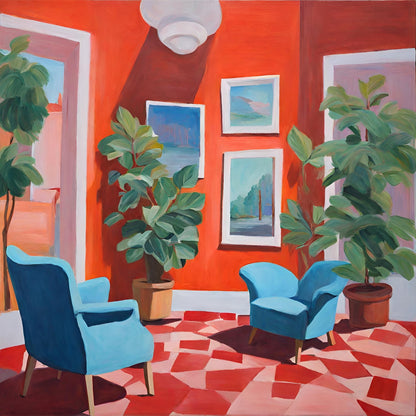 Colorful interior scene with blue chairs, plants, and abstract art on an orange wall.