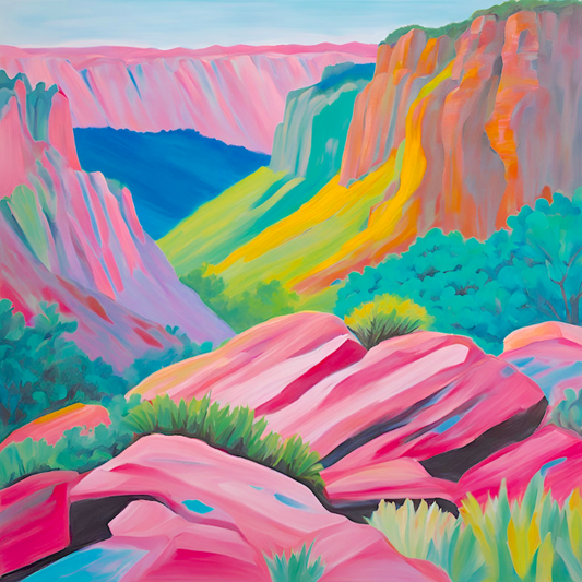 Colorful  abstract seascape painting with pink cliffs and greenery