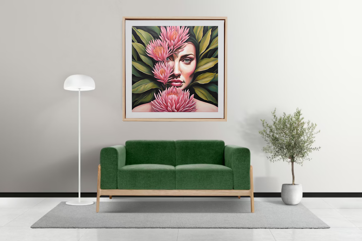 Pink Proteas Flowers- Green Leaves- Portrait-Woman-Original Art - Giclée Print.